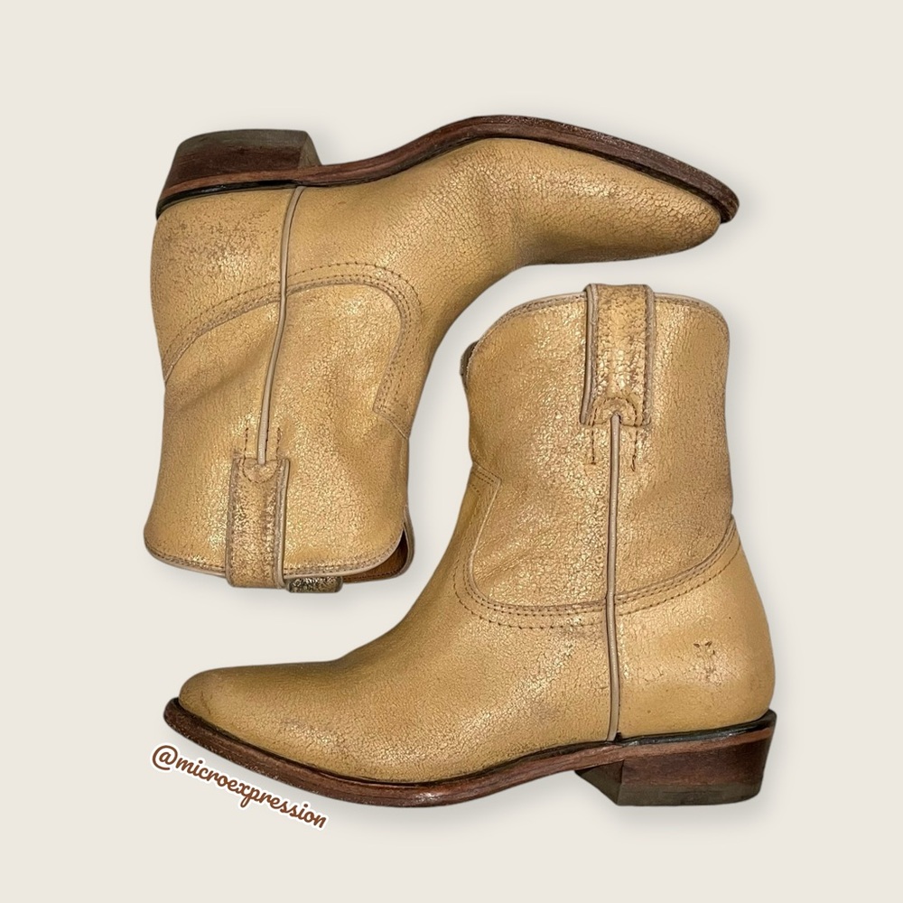 $379 Frye Billy Pull On Sunflower Tan/Beige Crackled Leather Cowboy Short Boot - Picture 8 of 16